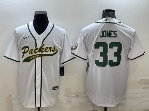 Green Bay Packers #33 Aaron Jones White With Patch Cool Base Stitched Jersey
