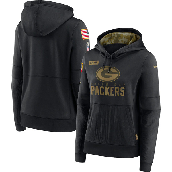 Women's Green Bay Packers 2020 Black Salute To Service Sideline Performance Pullover Hoodie(Run Small)