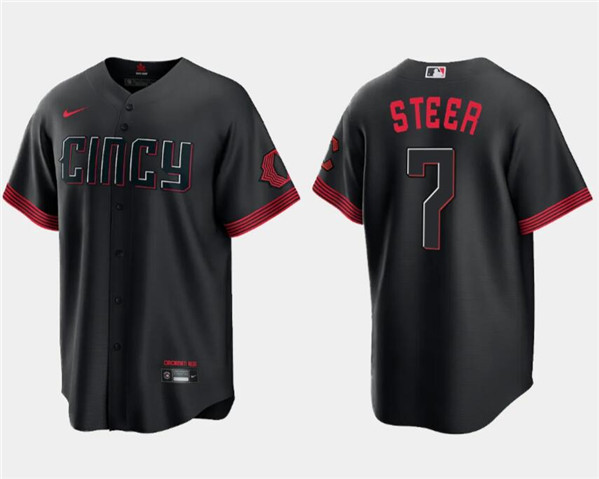Cincinnati Reds #7 Spencer Steer Black 2023 City Connect Cool Base Stitched Jersey