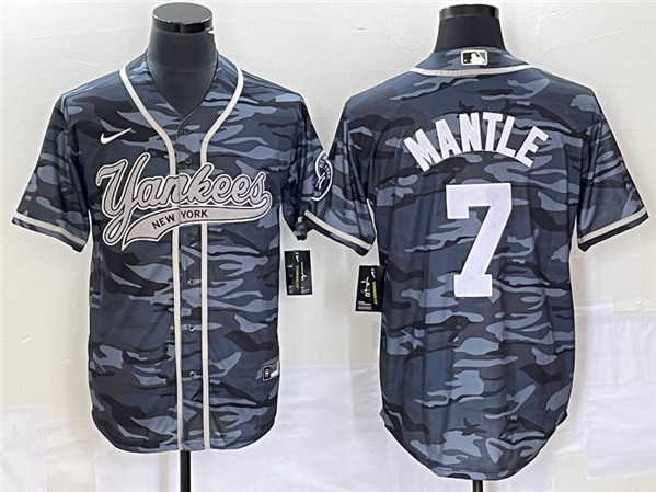 New York Yankees #7 Mickey Mantle Gray Camo With Patch Cool Base Stitched Jersey