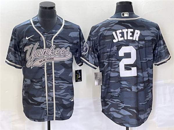 New York Yankees #2 Derek Jeter Gray Camo With Patch Cool Base Stitched Jersey