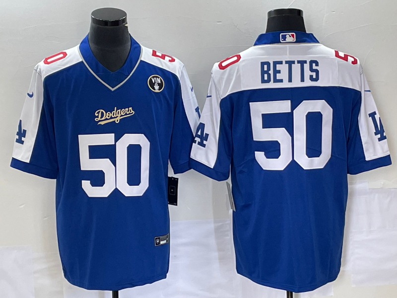 Los Angeles Dodgers #50 Mookie Betts Blue Vin Scully Patch Stitched Jersey