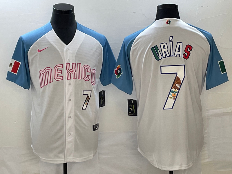 Mexico #7 Julio Urías 2023 White Blue World Classic With Patch Stitched Jersey