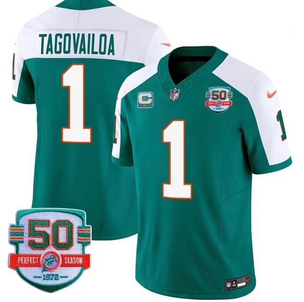 Miami Dolphins #1 Tua Tagovailoa Aqua White 2023 F.U.S.E With 1-Star C Patch And 50th Perfect Season Patch Vapor Limited Stitched Jersey