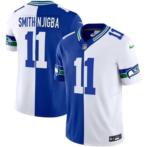 Seattle Seahawks #11 Jaxon Smith-Njigba Royal White Split 2023 F.U.S.E. Throwback Vapor Limited Stitched Jersey