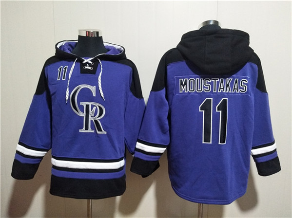 Colorado Rockies #11 Mike Moustakas Purple Ageless Must-Have Lace-Up Pullover Hoodie