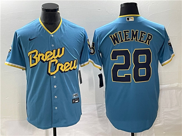 Milwaukee Brewers #28 Joey Wiemer 2022 Powder Blue City Connect Cool Base Stitched Jersey