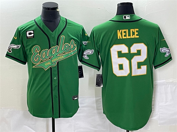 Philadelphia Eagles #62 Jason Kelce Green Gold With C Patch Cool Base Stitched Jersey