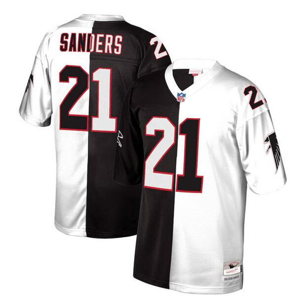 Atlanta Falcons #21 Deion Sanders Black White Split Mitchell Ness Stitched Jersey