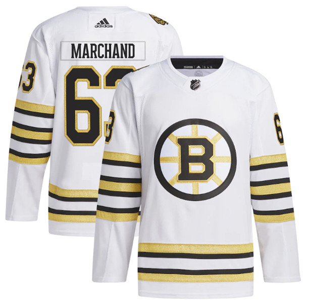 Boston Bruins #63 Brad Marchand White 100th Anniversary Primegreen Stitched Jersey