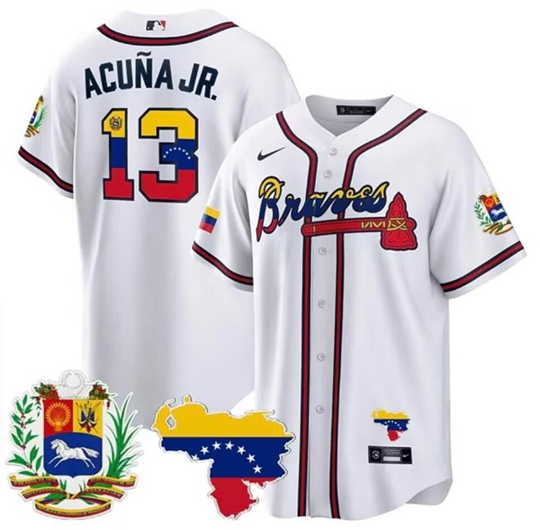 Atlanta Braves #13 Ronald Acuña Jr. 2023 White With Patch Cool Base Stitched Jersey