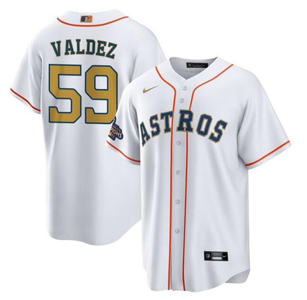 Houston Astros #59 Framber Valdez White Gold Cool Base Stitched Jersey