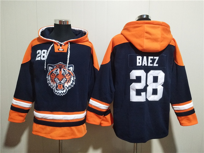 Detroit Tigers #28 Javier Báez Navy Lace-Up Pullover Hoodie