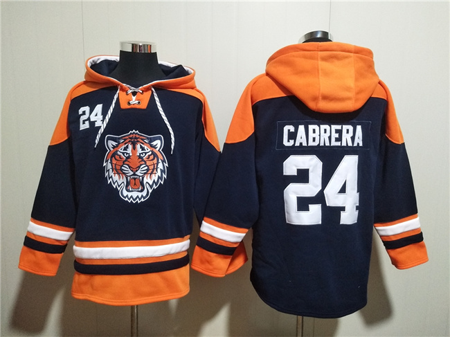 Detroit Tigers #24 Miguel Cabrera Navy Orange Lace-Up Pullover Hoodie