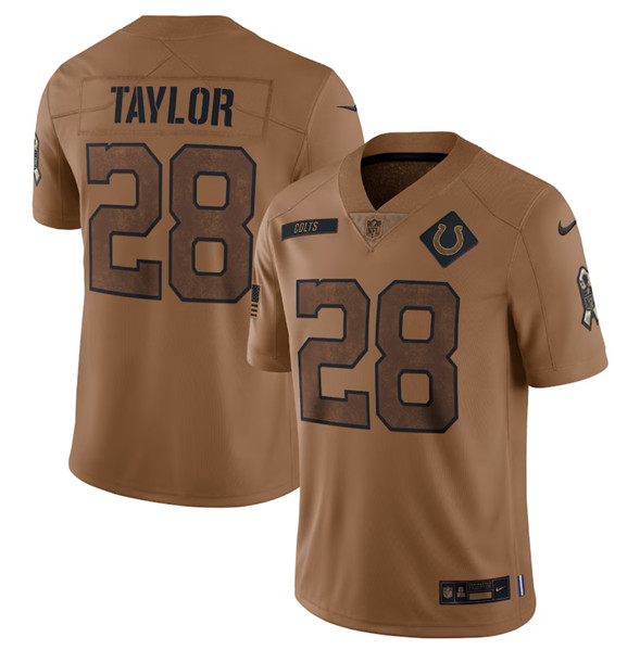 Indianapolis Colts #28 Jonathan Taylor 2023 Brown Salute To Sertvice Limited Stitched Jersey