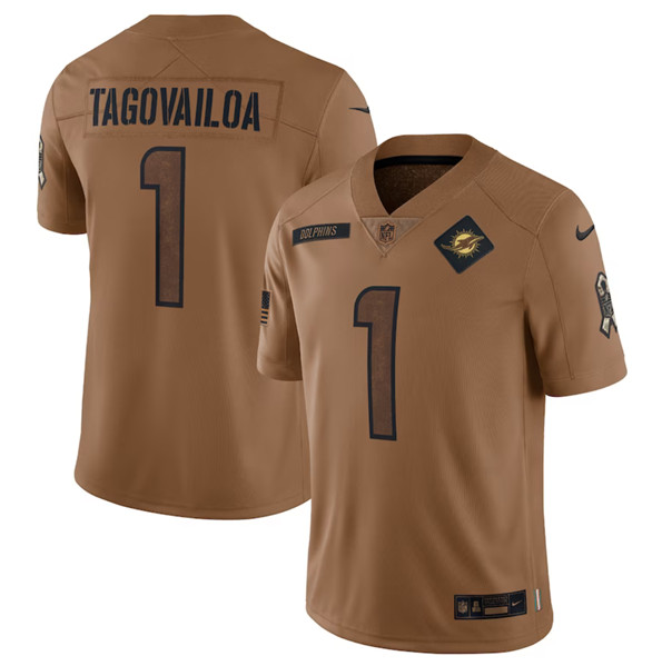 Miami Dolphins #1 Tua Tagovailoa 2023 Brown Salute To Service Limited Stitched Jersey