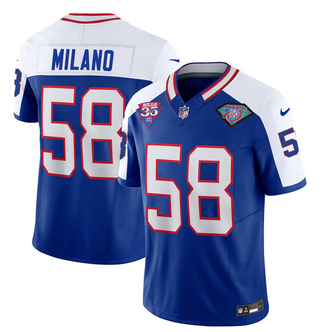 Buffalo Bills #58 Matt Milano Blue White 2023 F.U.S.E. 75th Anniversary Throwback Vapor Untouchable Limited Stitched Jersey