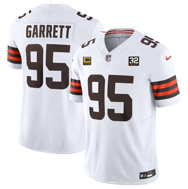 Cleveland Browns #95 Myles Garrett White 2023 F.U.S.E. With 4-Star C Patch And Jim Brown Memorial Patch Vapor Untouchable Limited Stitched Jersey