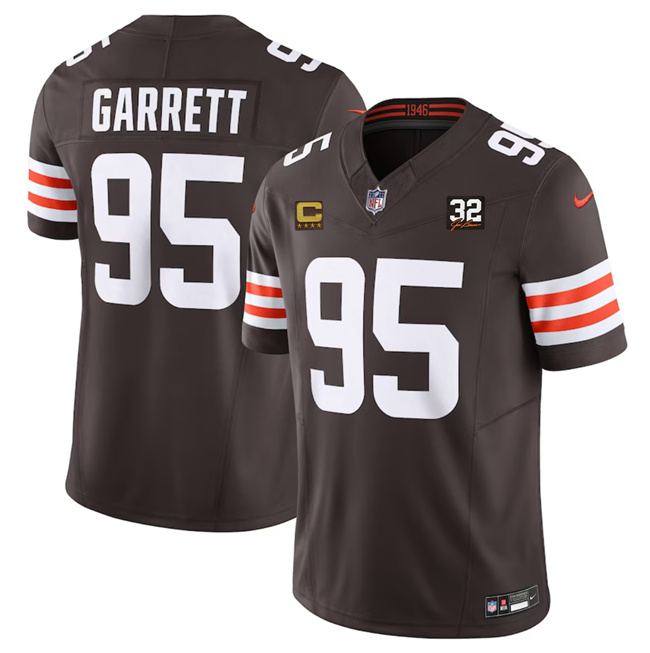 Cleveland Browns #95 Myles Garrett Brown 2023 F.U.S.E. With 4-Star C Patch And Jim Brown Memorial Patch Vapor Untouchable Limited Stitched Jersey