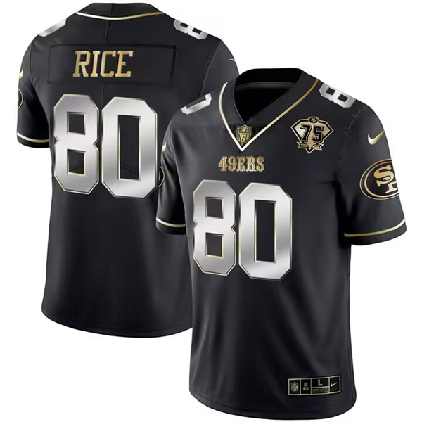 San Francisco 49ers #80 Jerry Rice Black Gold Edition With 75th Anniversary Patch Stitched Jersey