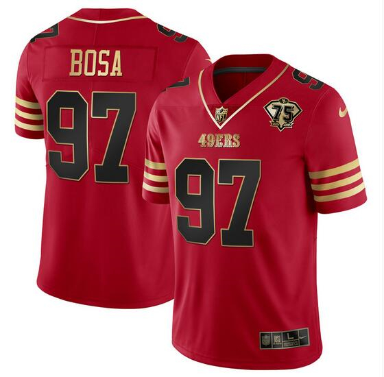 San Francisco 49ers #97 Nick Bosa Red Gold With 75th Anniversary Patch Stitched Jersey