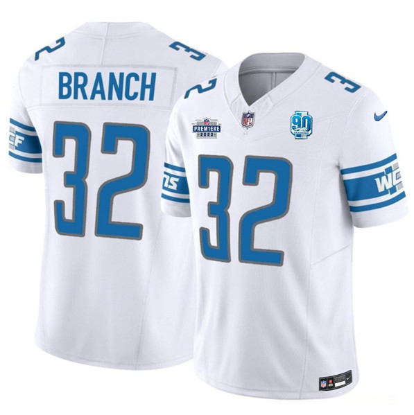 Detroit Lions #32 Brian Branch White 2023 F.U.S.E. Prem1ere Patch 90th Anniversary Vapor Untouchable Limited Stitched Jersey