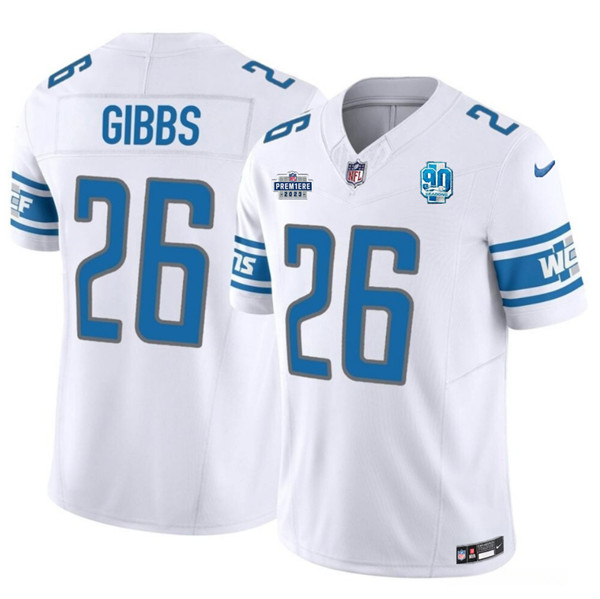 Detroit Lions #26 Jahmyr Gibbs White 2023 F.U.S.E. Prem1ere Patch 90th Anniversary Vapor Untouchable Limited Stitched Jersey