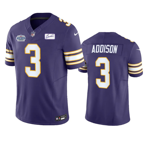 Minnesota Vikings #3 Jordan Addison Purple 2023 F.U.S.E. Prem1ere Patch And Bud Grant Patch Vapor Limited Stitched Jersey