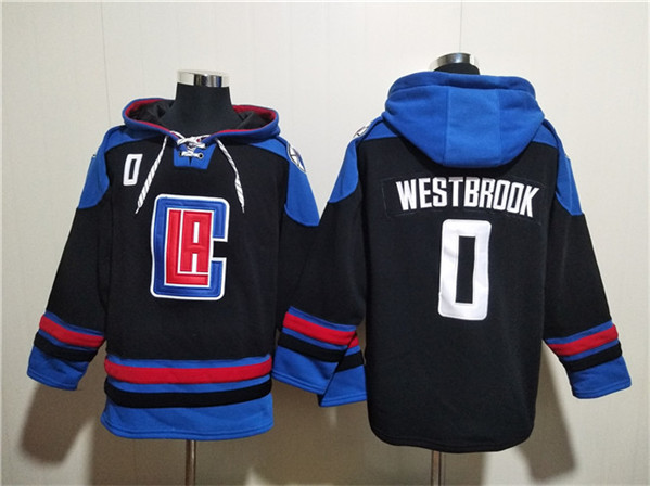 Los Angeles Clippers #0 Russell Westbrook Black Blue Lace-Up Pullover Hoodie