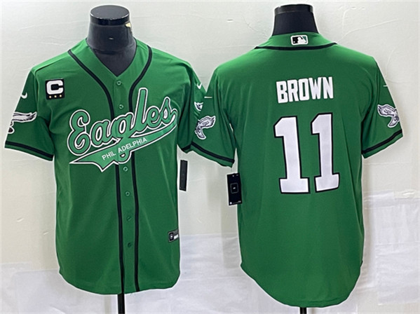 Philadelphia Eagles #11 A. J. Brown Green With C Patch Cool Base Stitched Jersey