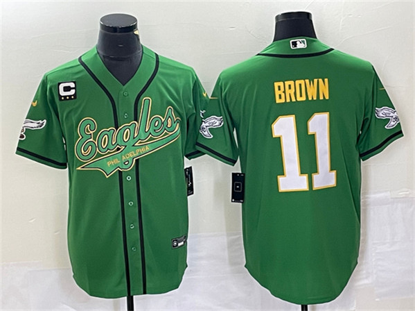 Philadelphia Eagles #11 A. J. Brown Green Gold With C Patch Cool Base Stitched Jersey