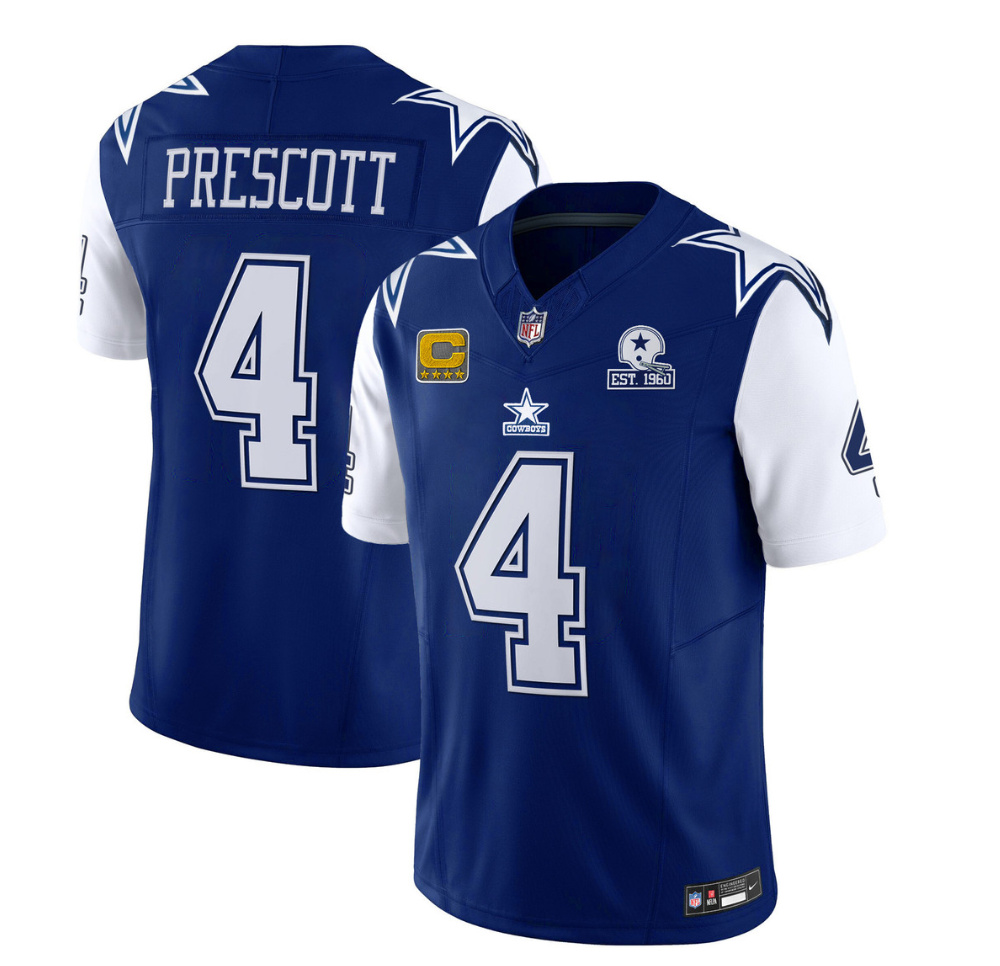 Dallas Cowboys #4 Dak Prescott 2023 F.U.S.E. Navy With Established In 1960 Patch And 4-Star C Patch Stitched Jersey