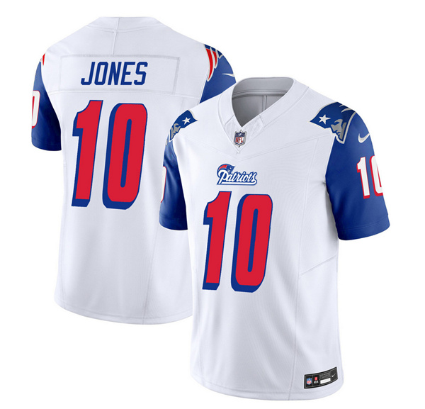 New England Patriots #10 Mac Jones White Blue 2023 F.U.S.E. Vapor Limited Stitched Jersey
