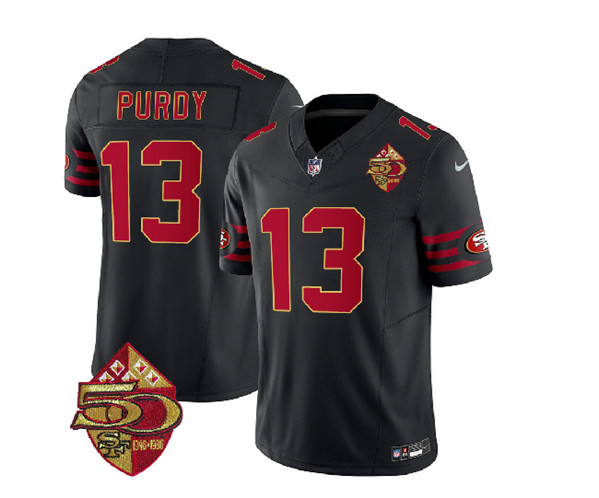 San Francisco 49ers #13 Brock Purdy Black 2023 F.U.S.E. 50th Patch Throwback Stitched Jersey