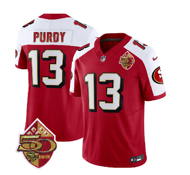 San Francisco 49ers #13 Brock Purdy Red White 2023 F.U.S.E. 50th Patch Throwback Stitched Jersey