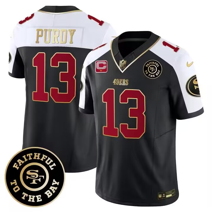 San Francisco 49ers #13 Brock Purdy White Balck 2023 F.U.S.E. With 1-Star C Patch And Faithful To The Bay Patch Stitched Game Jersey