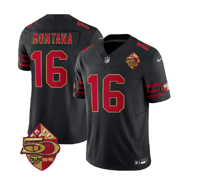 San Francisco 49ers #16 Joe Montana Black 2023 F.U.S.E. 50th Patch Throwback Stitched Jersey
