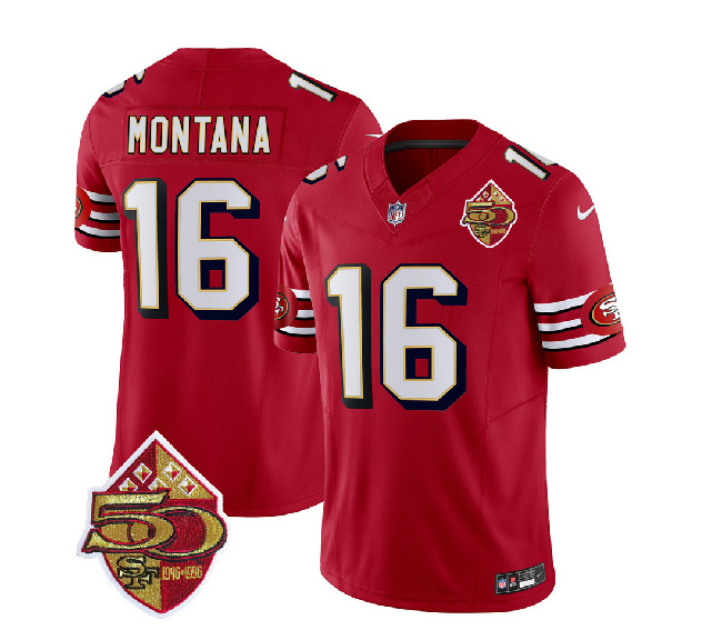 San Francisco 49ers #16 Joe Montana Red 2023 F.U.S.E. 50th Patch Throwback Stitched Jersey