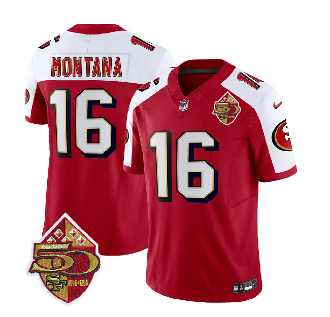 San Francisco 49ers #16 Joe Montana Red White 2023 F.U.S.E. 50th Patch Throwback Stitched Jersey