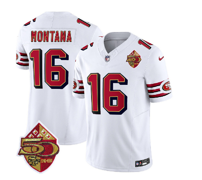 San Francisco 49ers #16 Joe Montana White 2023 F.U.S.E. 50th Patch Throwback Stitched Jersey