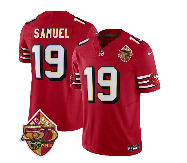 San Francisco 49ers #19 Deebo Samuel Red 2023 F.U.S.E. 50th Patch Throwback Stitched Jersey