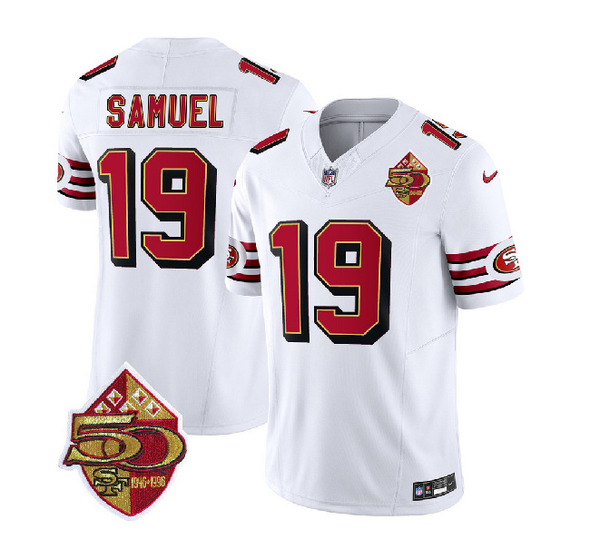 San Francisco 49ers #19 Deebo Samuel White 2023 F.U.S.E. 50th Patch Throwback Stitched Jersey