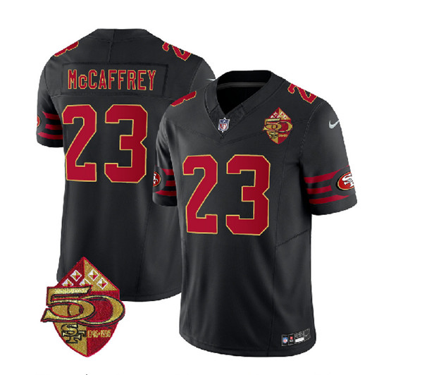 San Francisco 49ers #23 Christian McCaffrey Black 2023 F.U.S.E. 50th Patch Throwback Stitched Jersey