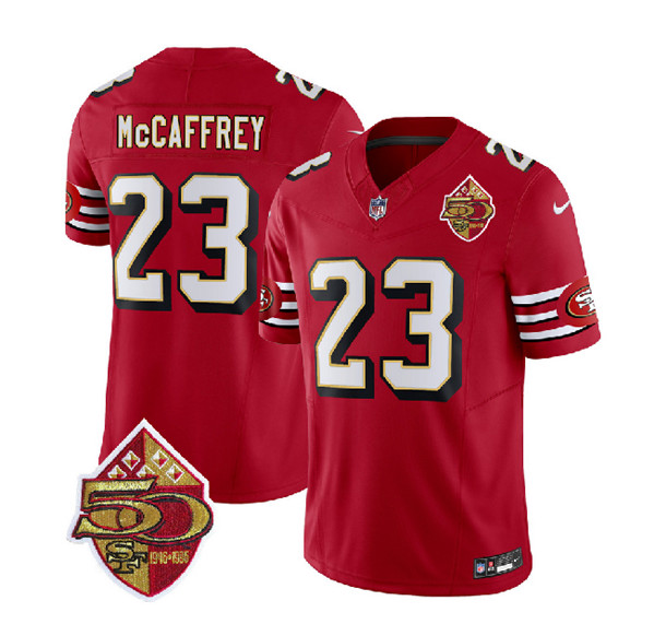 San Francisco 49ers #23 Christian McCaffrey Red 2023 F.U.S.E. 50th Patch Throwback Stitched Jersey