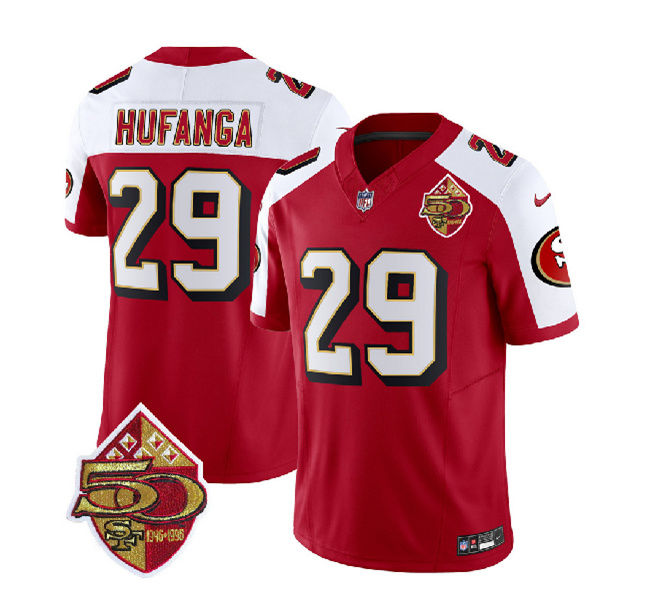 San Francisco 49ers #29 Talanoa Hufanga Red White 2023 F.U.S.E. 50th Patch Throwback Stitched Jersey
