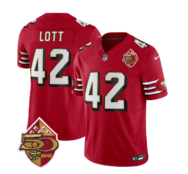 San Francisco 49ers #42 Ronnie Lott Red 2023 F.U.S.E. 50th Patch Throwback Stitched Jersey
