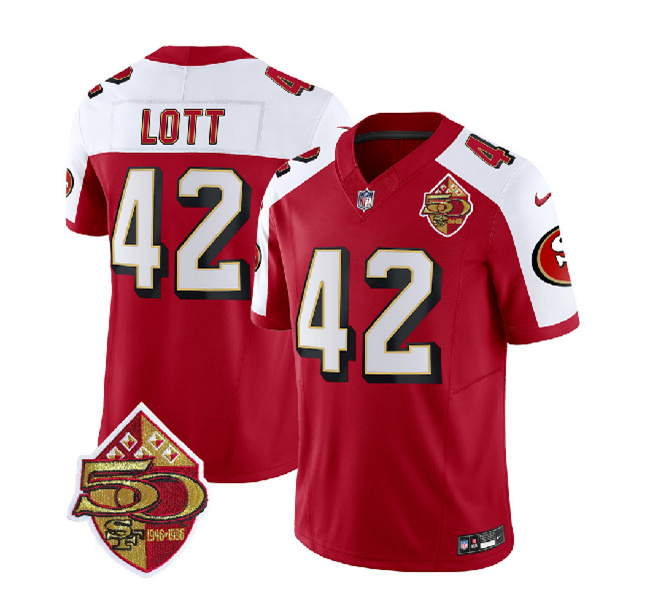 San Francisco 49ers #42 Ronnie Lott Red White 2023 F.U.S.E. 50th Patch Throwback Stitched Jersey