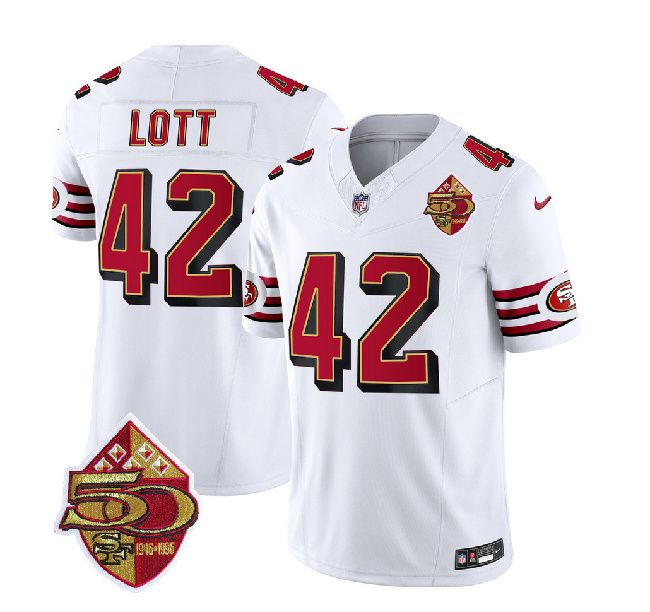 San Francisco 49ers #42 Ronnie Lott White 2023 F.U.S.E. 50th Patch Throwback Stitched Jersey