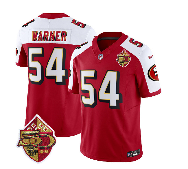 San Francisco 49ers #54 Fred Warner Red White 2023 F.U.S.E. 50th Patch Throwback Stitched Jersey