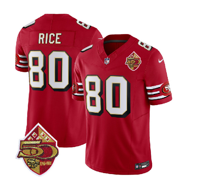 San Francisco 49ers #80 Jerry Rice Red 2023 F.U.S.E. 50th Patch Throwback Stitched Jersey
